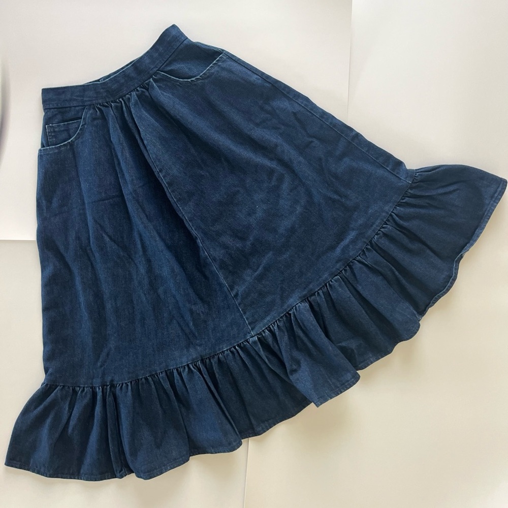 Vintage Denim Ruffle Midi Skirt - Blue